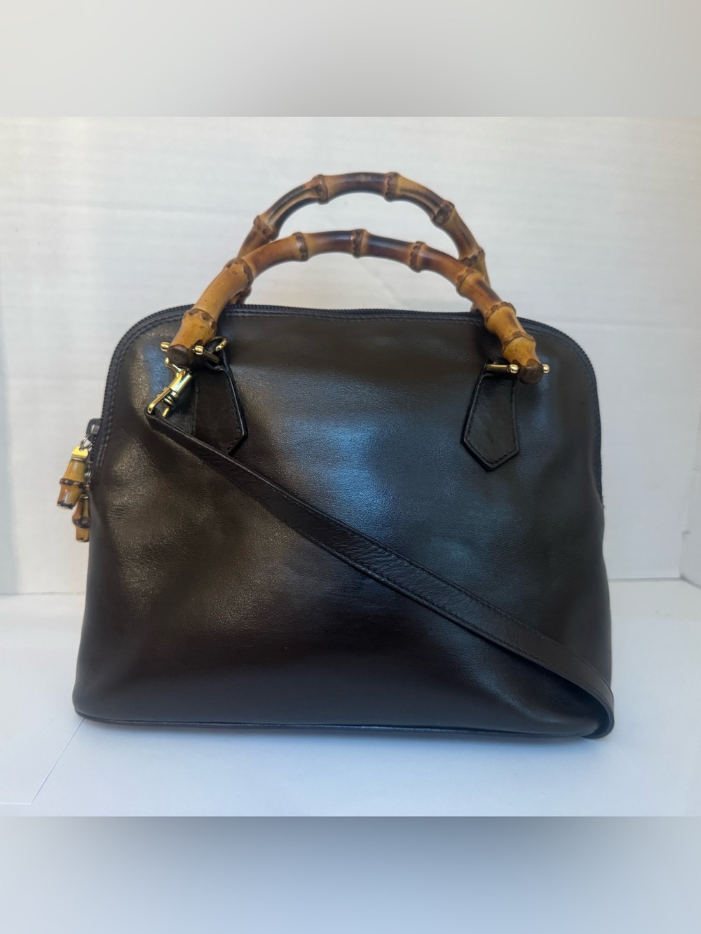Authentic Gucci Crossbody Handbag Purse Bag Black Leather Satchel Bamboo Handles
